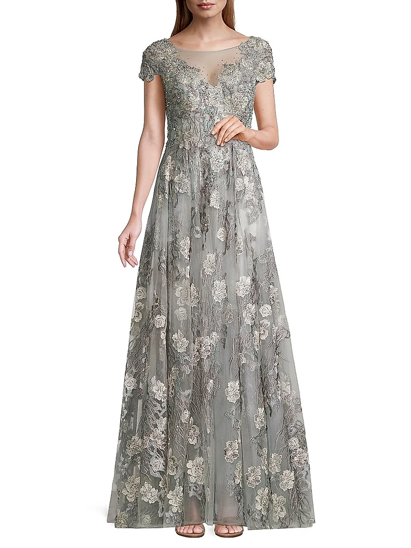 Cap-Sleeve Floral A-Line Gown