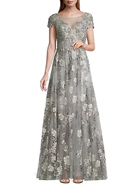 Cap-Sleeve Floral A-Line Gown