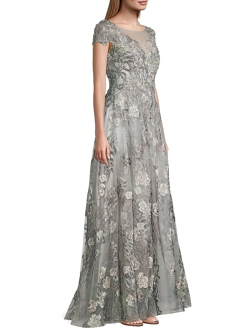 Cap-Sleeve Floral A-Line Gown