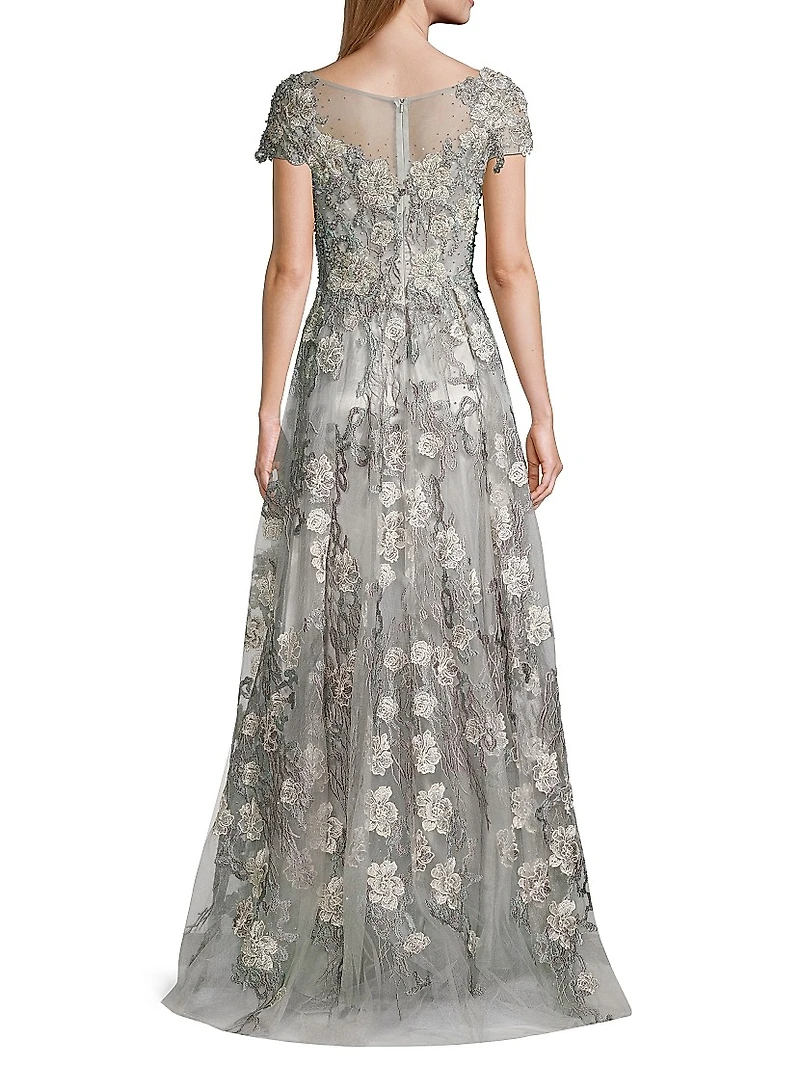 Cap-Sleeve Floral A-Line Gown