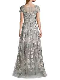 Cap-Sleeve Floral A-Line Gown