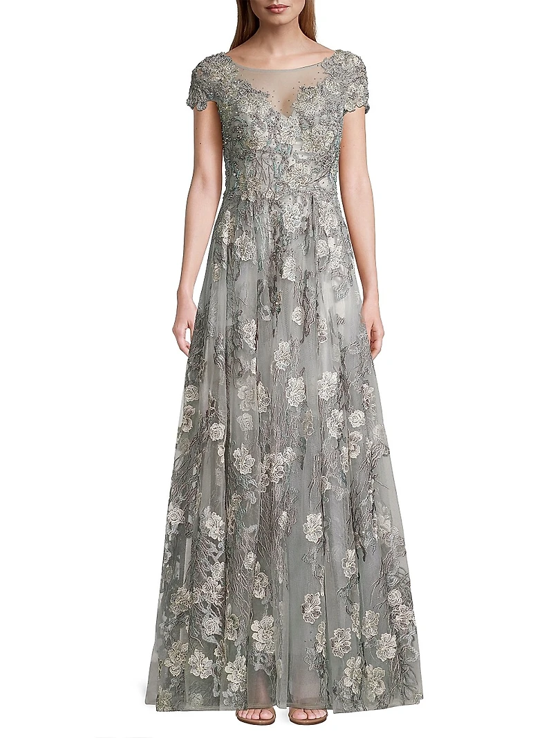 Cap-Sleeve Floral A-Line Gown