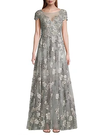 Cap-Sleeve Floral A-Line Gown