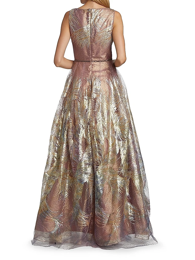 Feather Jacquard Fit-&-Flare Gown