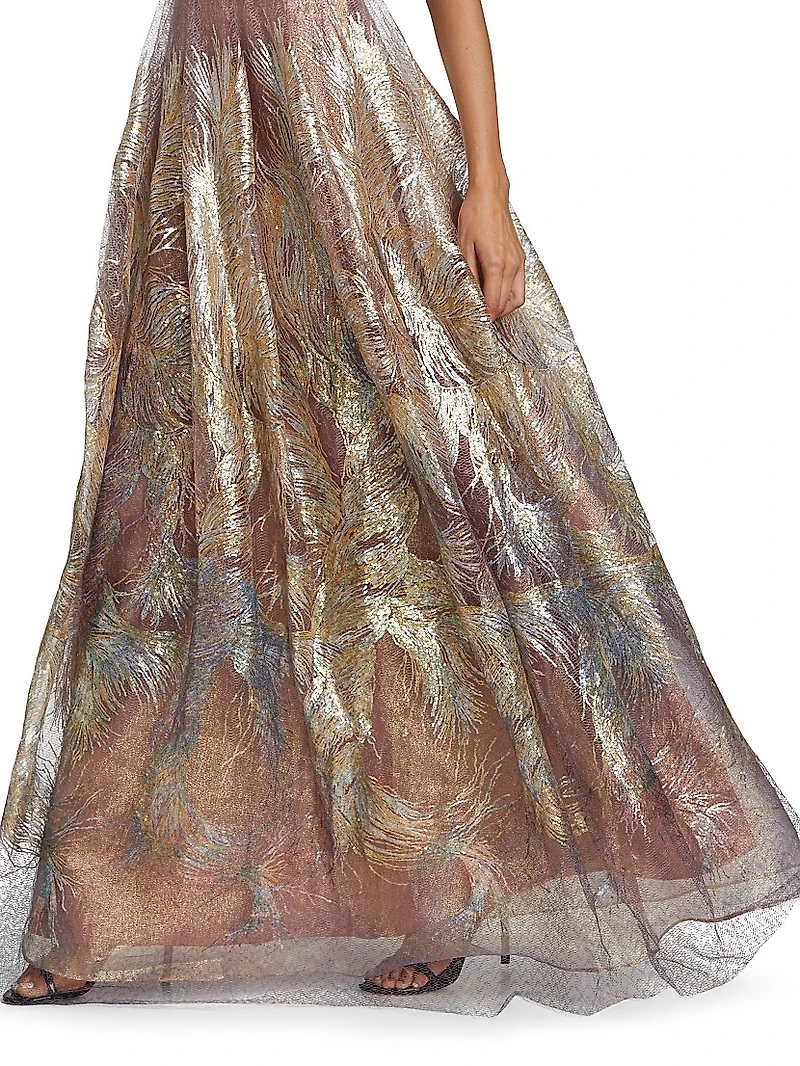 Feather Jacquard Fit-&-Flare Gown