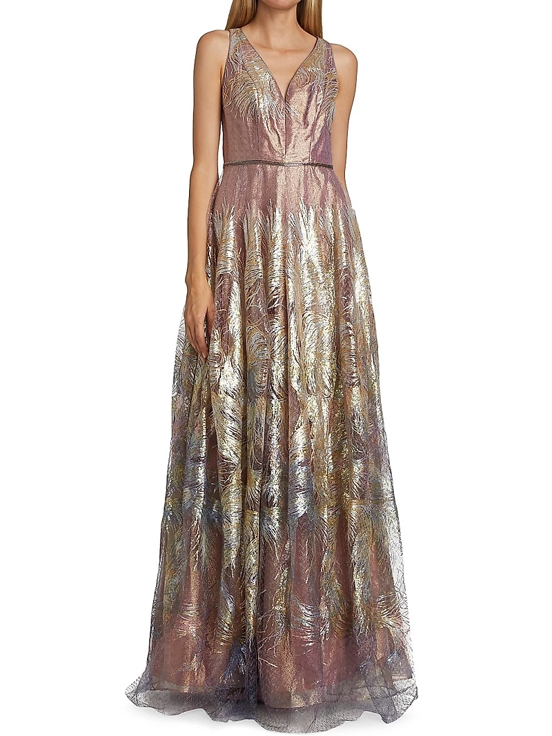 Feather Jacquard Fit-&-Flare Gown