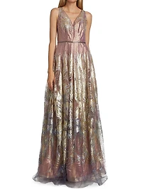 Feather Jacquard Fit-&-Flare Gown