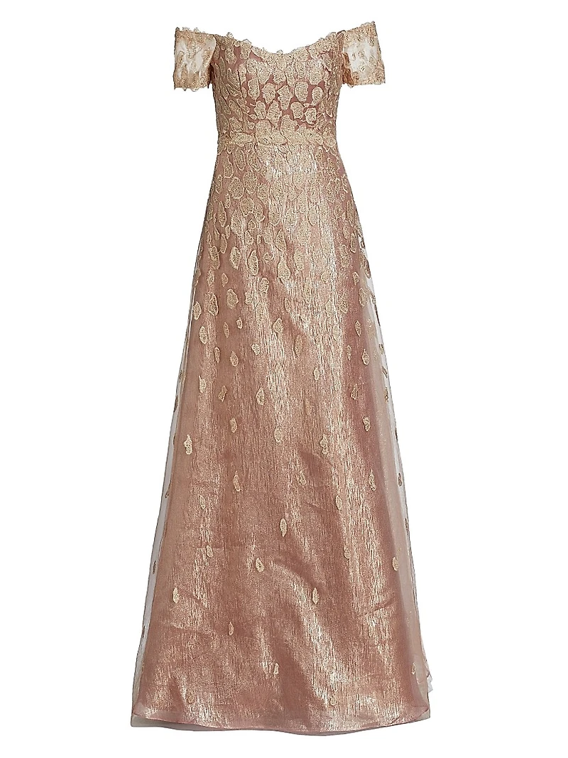 Metallic Embellished Off-The-Shoulder Gown