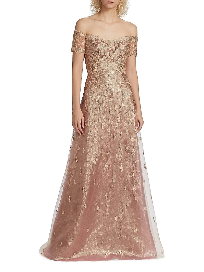 Metallic Embellished Off-The-Shoulder Gown