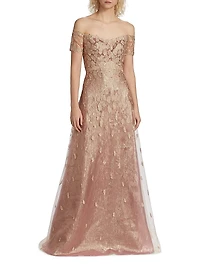 Metallic Embellished Off-The-Shoulder Gown