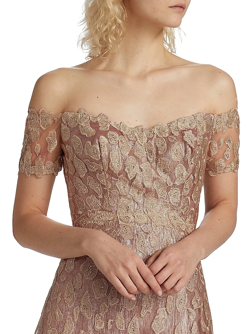 Metallic Embellished Off-The-Shoulder Gown