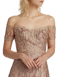 Metallic Embellished Off-The-Shoulder Gown