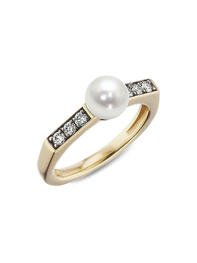 Stx & Stones 18K Yellow Gold, 6MM Natural Pearl & Diamond Ring