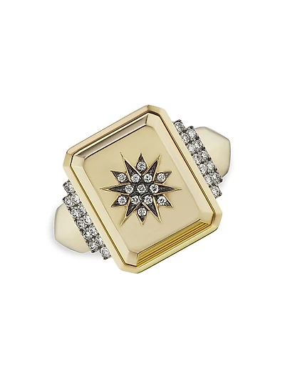18K Yellow Gold & Diamond Victorian Star Signet Ring