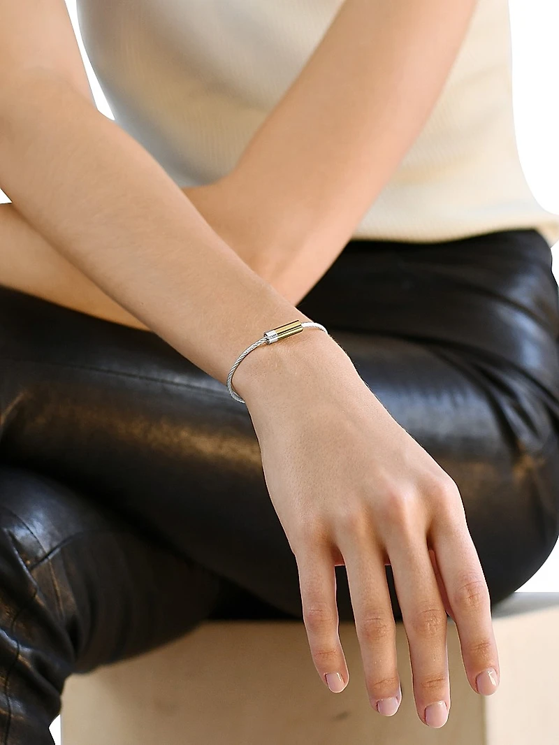 Unisex 7G Polished Bicolor Sterling Silver & 18K Yellow Gold Cable Bracelet