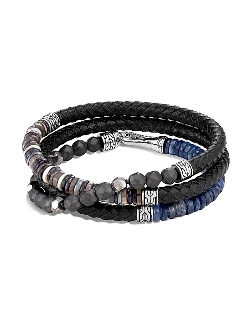 Chain Collection Multi-Stone, Sterling Silver & Leather Wrap Bracelet