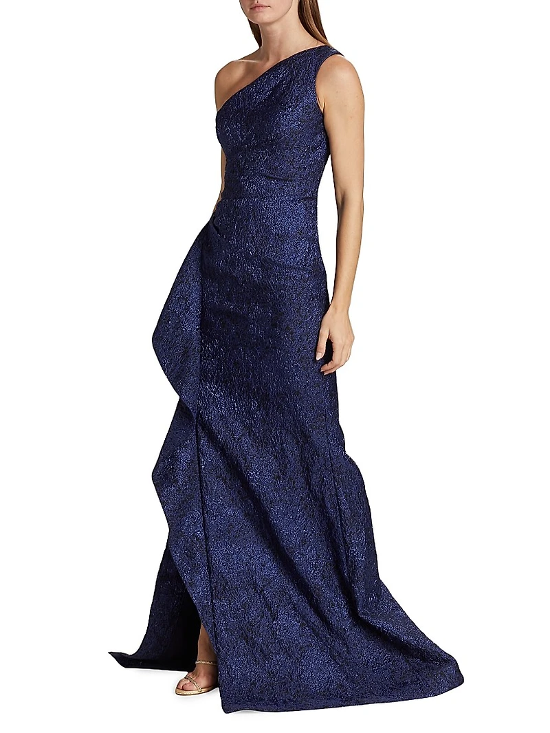 Metallic Jacquard One-Shoulder Gown