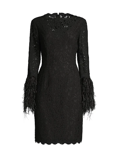 Feather-Trim Lace Sheath Dress