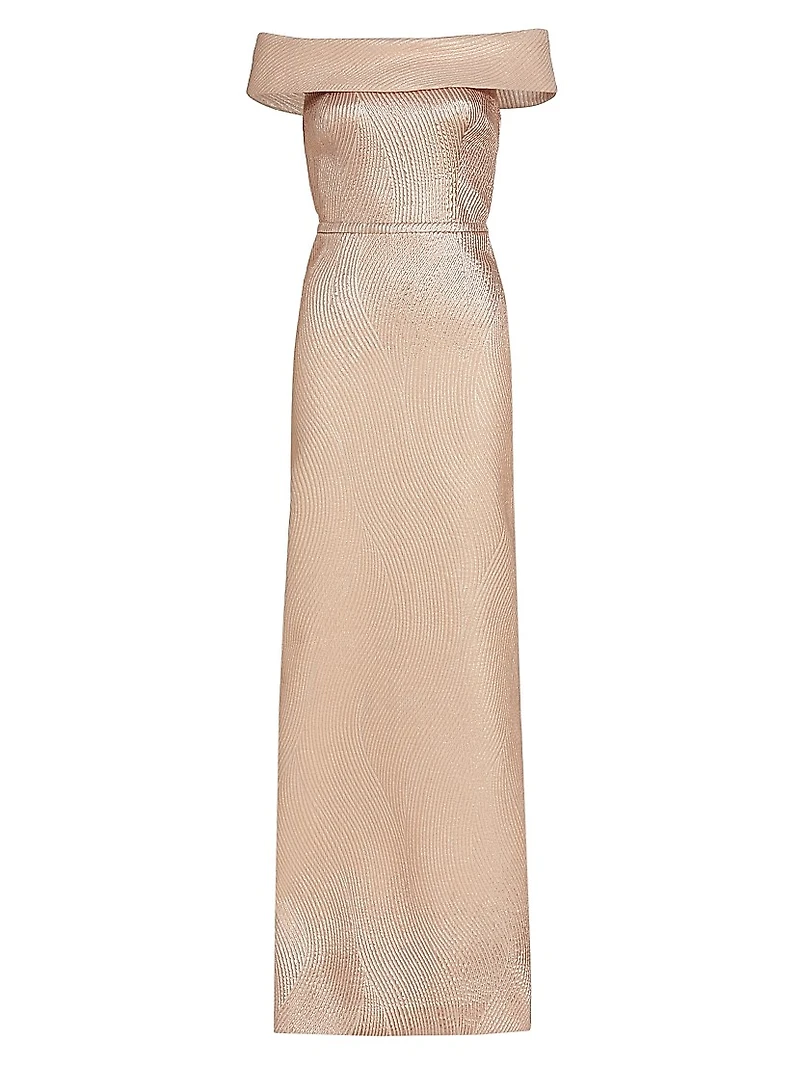 Metallic Off-The-Shoulder Wavy Rib-Knit Gown