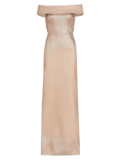 Metallic Off-The-Shoulder Wavy Rib-Knit Gown