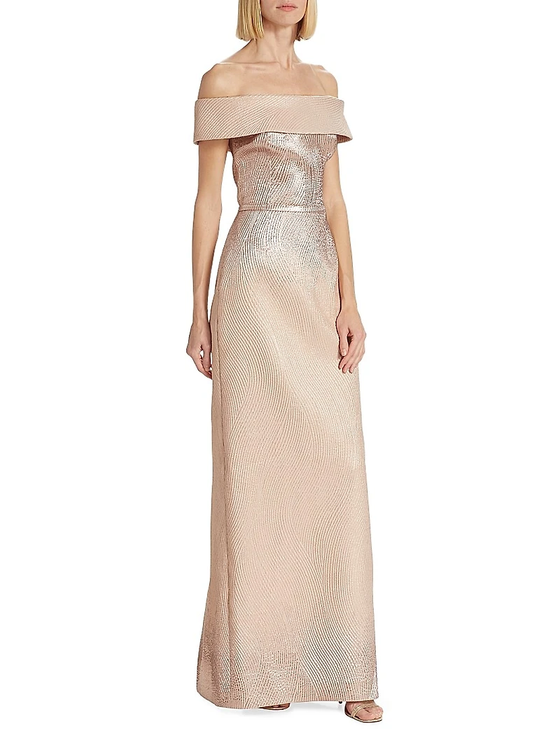 Metallic Off-The-Shoulder Wavy Rib-Knit Gown