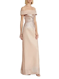 Metallic Off-The-Shoulder Wavy Rib-Knit Gown