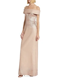 Metallic Off-The-Shoulder Wavy Rib-Knit Gown