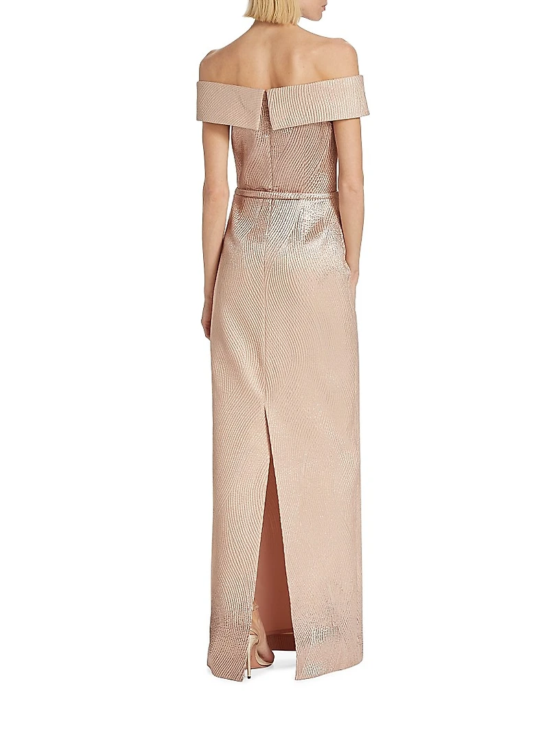 Metallic Off-The-Shoulder Wavy Rib-Knit Gown