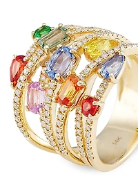 14K Gold, Diamond & Rainbow Sapphire Stacked Ring