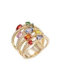 14K Gold, Diamond & Rainbow Sapphire Stacked Ring