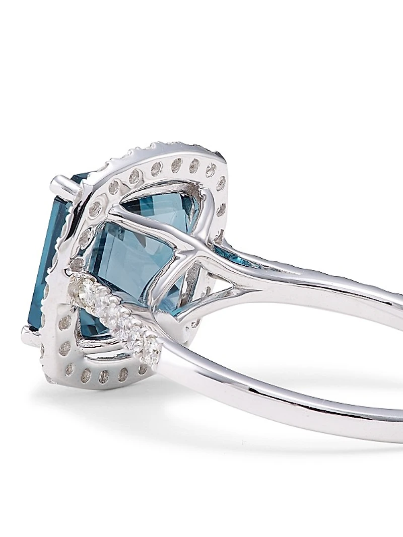 14K White Gold, London Blue Topaz & Diamond Cushion Ring