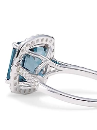 14K White Gold, London Blue Topaz & Diamond Cushion Ring