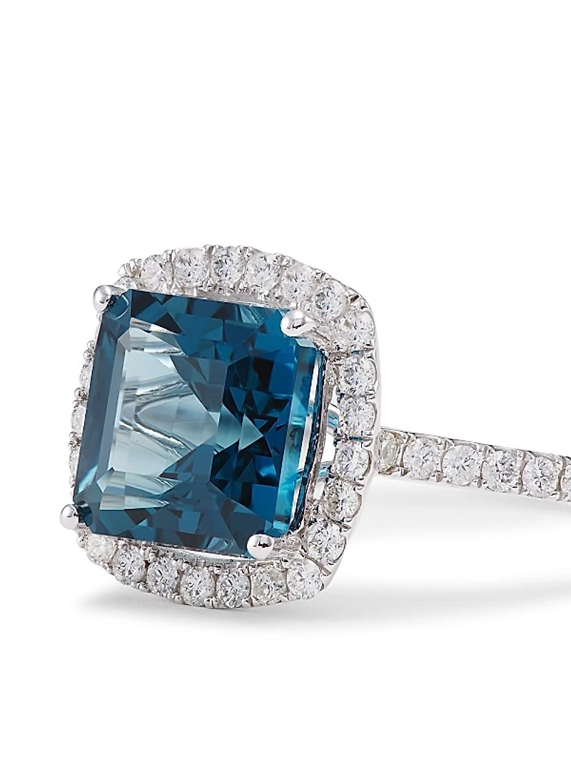 14K White Gold, London Blue Topaz & Diamond Cushion Ring