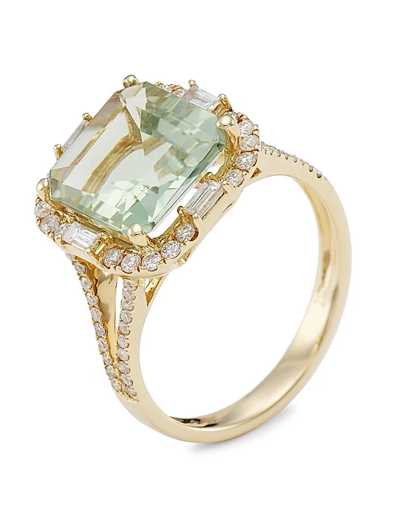 14K Yellow Gold, Green Amethyst & 0.50 TCW Diamond Halo Ring