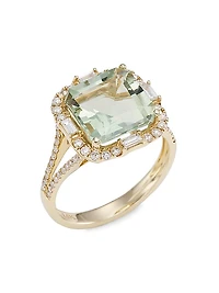 14K Yellow Gold, Green Amethyst & 0.50 TCW Diamond Halo Ring