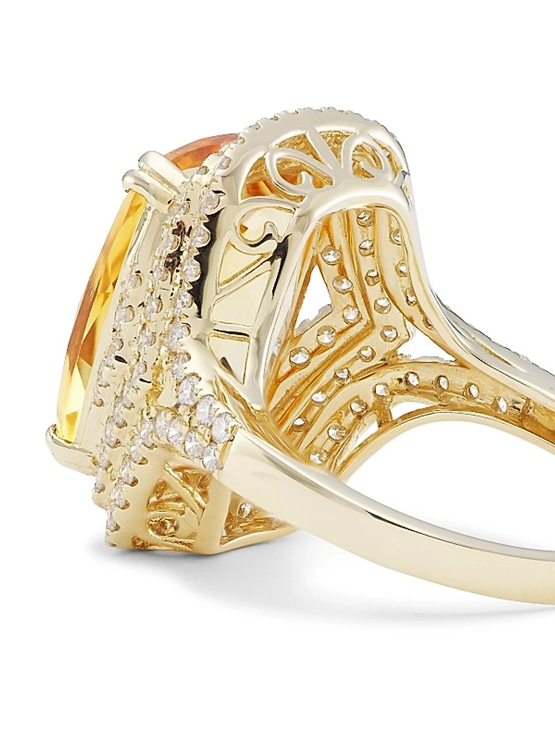 14K Yellow Gold, Citrine & Diamond Cushion Ring