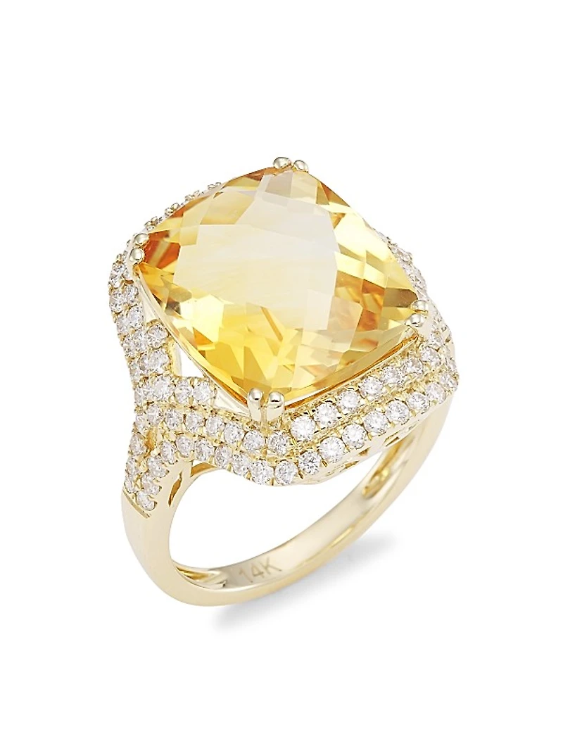 14K Yellow Gold, Citrine & Diamond Cushion Ring