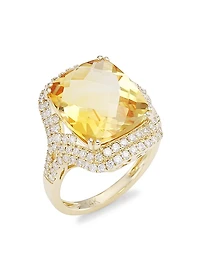 14K Yellow Gold, Citrine & Diamond Cushion Ring