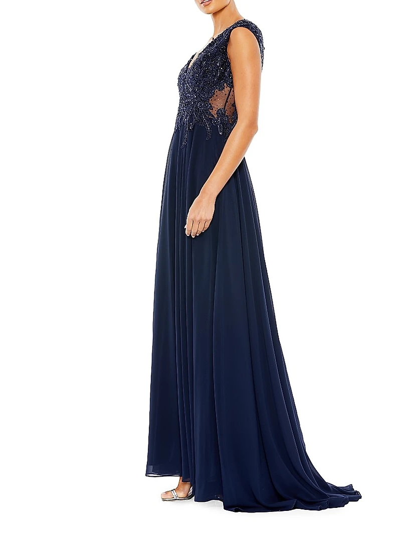 Metallic Floral Bead-Embroidered A-Line Gown