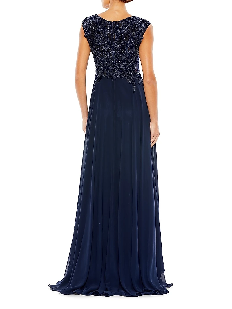 Metallic Floral Bead-Embroidered A-Line Gown