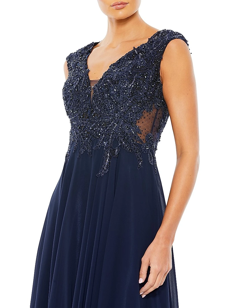 Metallic Floral Bead-Embroidered A-Line Gown