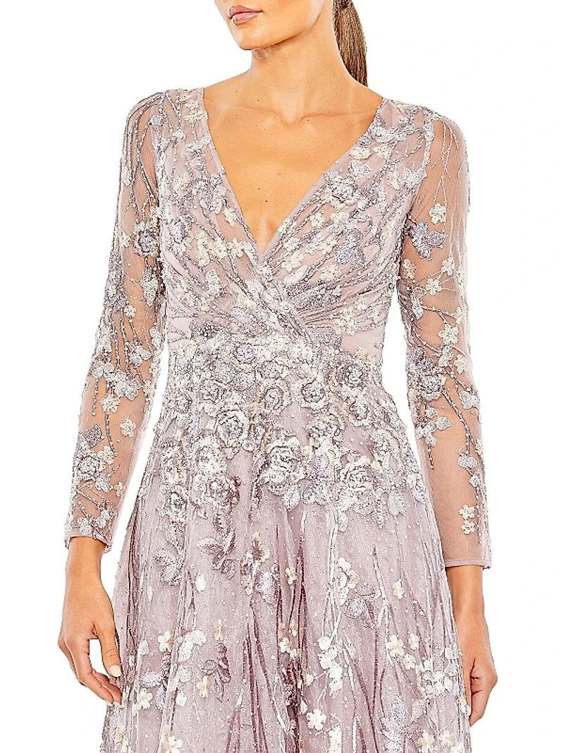 Semi-Sheer Floral-Embroidered Gown