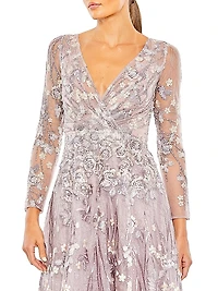Semi-Sheer Floral-Embroidered Gown