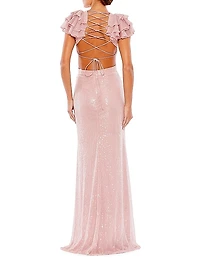 Sequin Flounce Shoulder Cut Out Gown