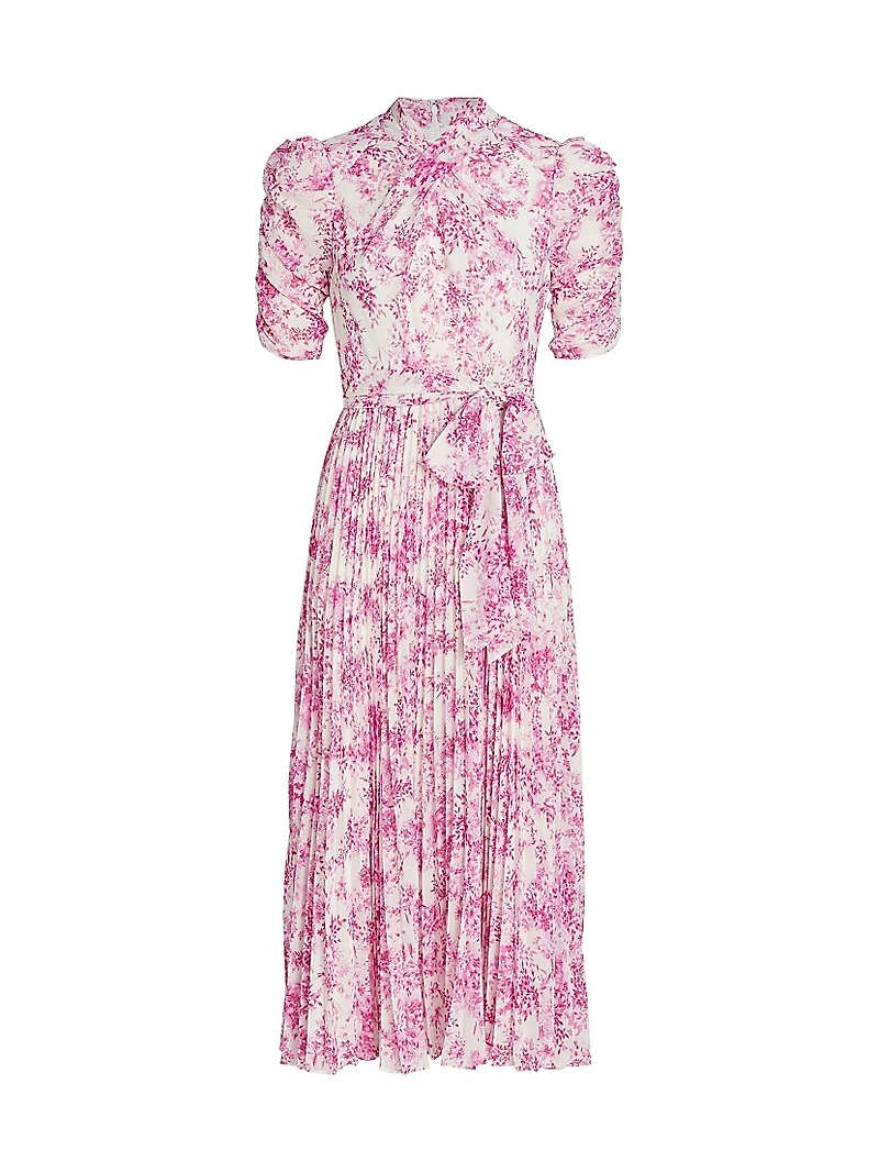 Pleated Belted Floral Midi-Dress