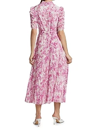 Pleated Belted Floral Midi-Dress