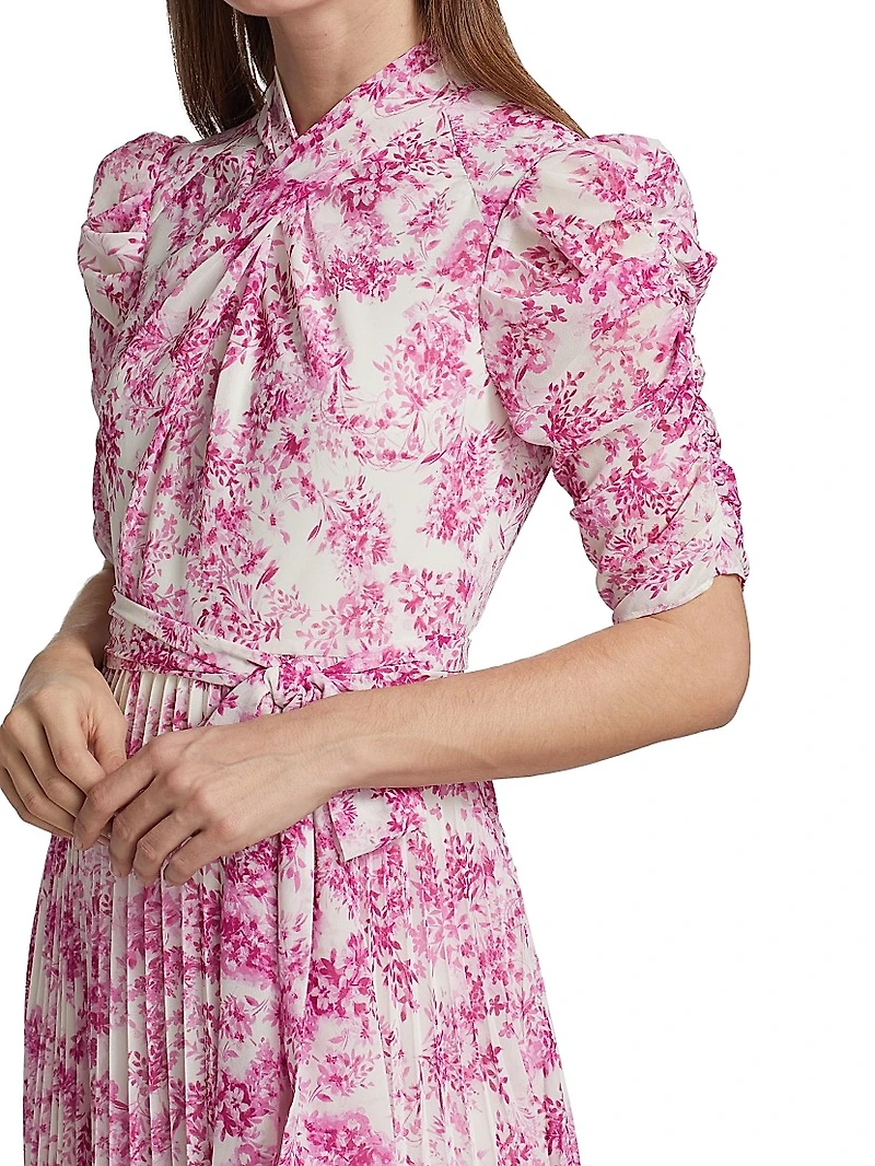 Pleated Belted Floral Midi-Dress