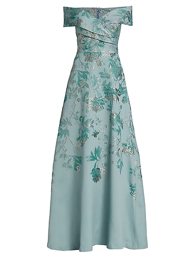 Metallic Jacquard Off-The-Shoulder Gown