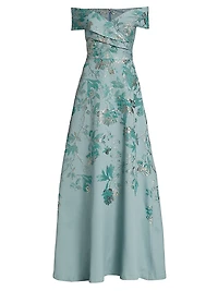 Metallic Jacquard Off-The-Shoulder Gown