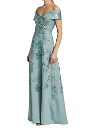 Metallic Jacquard Off-The-Shoulder Gown